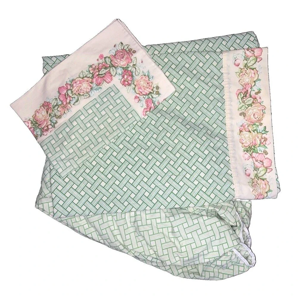 Vtg 70s Fieldcrest Twin Sheet Set Floral Lattice Spring Fitted Flat Pillowcase